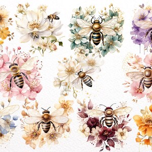 May include: Watercolor illustrations of bees and flowers in various arrangements. Each design features a bee with detailed wings and body, surrounded by blossoms in shades of yellow, pink, purple, and white. The artwork has a soft, artistic style.