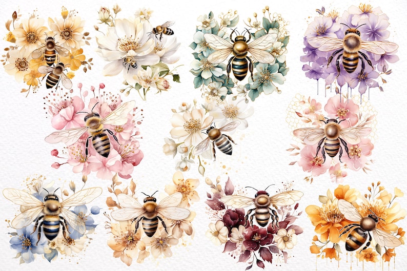 May include: Watercolor illustrations of bees and flowers in various arrangements. Each design features a bee with detailed wings and body, surrounded by blossoms in shades of yellow, pink, purple, and white. The artwork has a soft, artistic style.