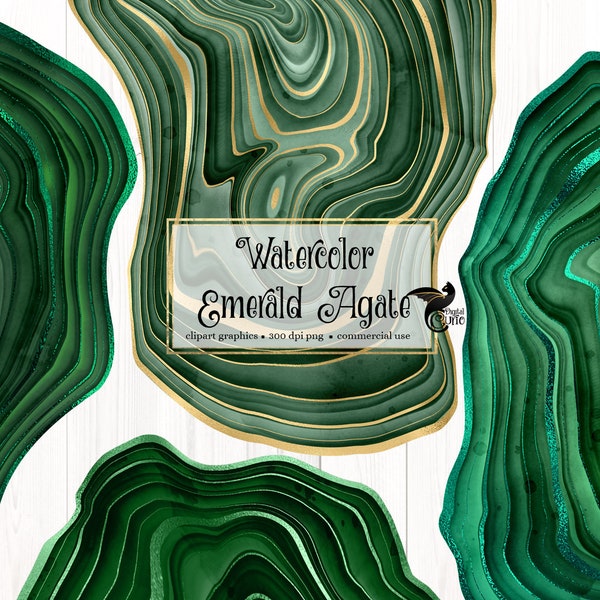 Watercolor Emerald Agate Clipart, agate and malachite geode digital graphic elements clip art instant download for commercial use