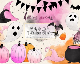 Pink and Black Halloween Clipart – Spooky PNG Graphics (Digital Download)