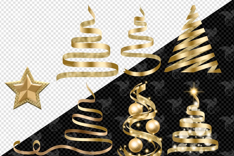 Gold Ribbon Christmas Tree Clipart – Glitter Holiday PNG Graphics ...
