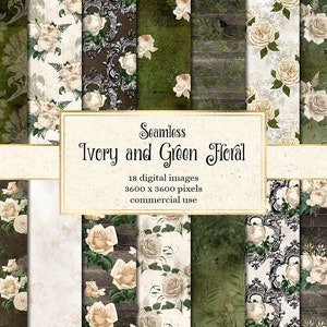 Papel digital floral marfim e verde, papel de scrapbook imprimível rosa marfim sem costura, fundos e padrões de flores brancas rústicas