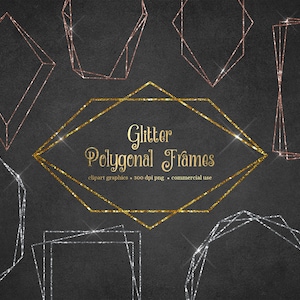 Glitter Polygonal Frames Clipart in rose gold, silver and gold geometric frame clip art graphics instant download commercial use