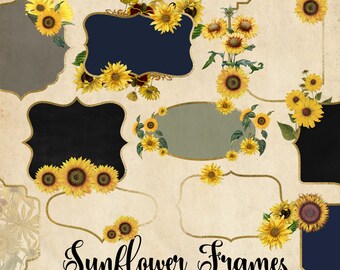 Sunflower Frames Clipart, png yellow floral frame clip art, wedding frames, digital sun flower photo frame overlays instant download