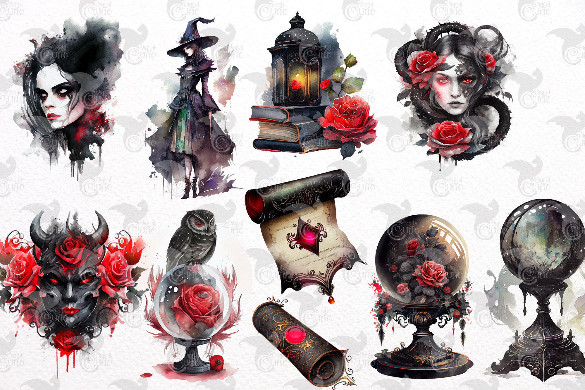 Watercolor Gothic Witch Clipart – Dark Fantasy PNG Graphics (commercial ...