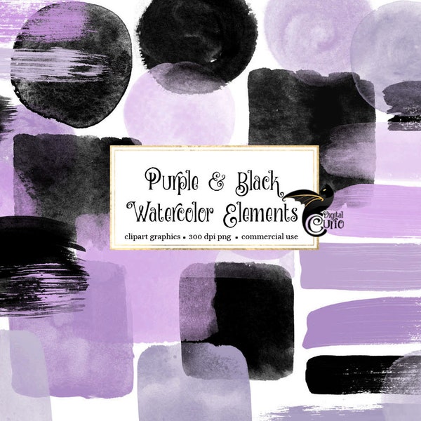 Purple and Black Watercolor Elements Clipart, watercolour frames in purple paint digital PNG format instant download for commercial use