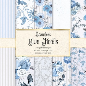 Blue Floral Digital Paper, naadloze achtergronden met blauwe bloemboeketten en botanische instant download voor commercieel gebruik