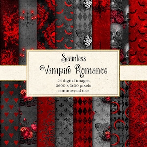 Vampire Romance Digital Paper, Halloween Digital Paper, seamless Halloween Backgrounds Black and Red Damask Rose gothic scrapbook paper image 1