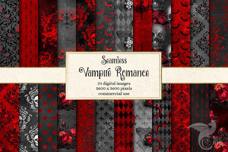 Vampire Romance Digital Paper, Halloween Digital Paper, seamless Halloween Backgrounds Black and Red Damask Rose gothic scrapbook paper image 1