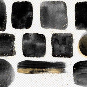 Black and Gold Watercolor Elements Clipart, watercolour frames in black paint digital PNG format instant download for commercial use image 4