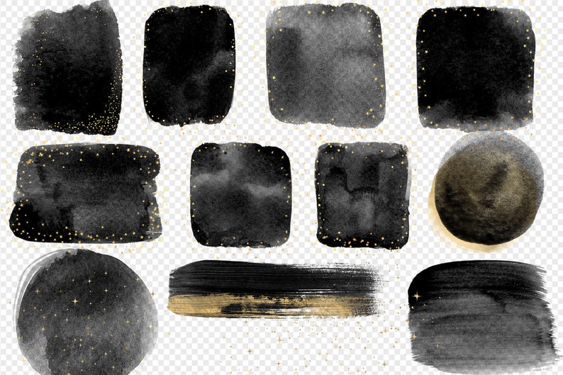 Black and Gold Watercolor Elements Clipart, watercolour frames in black paint digital PNG format instant download for commercial use image 4