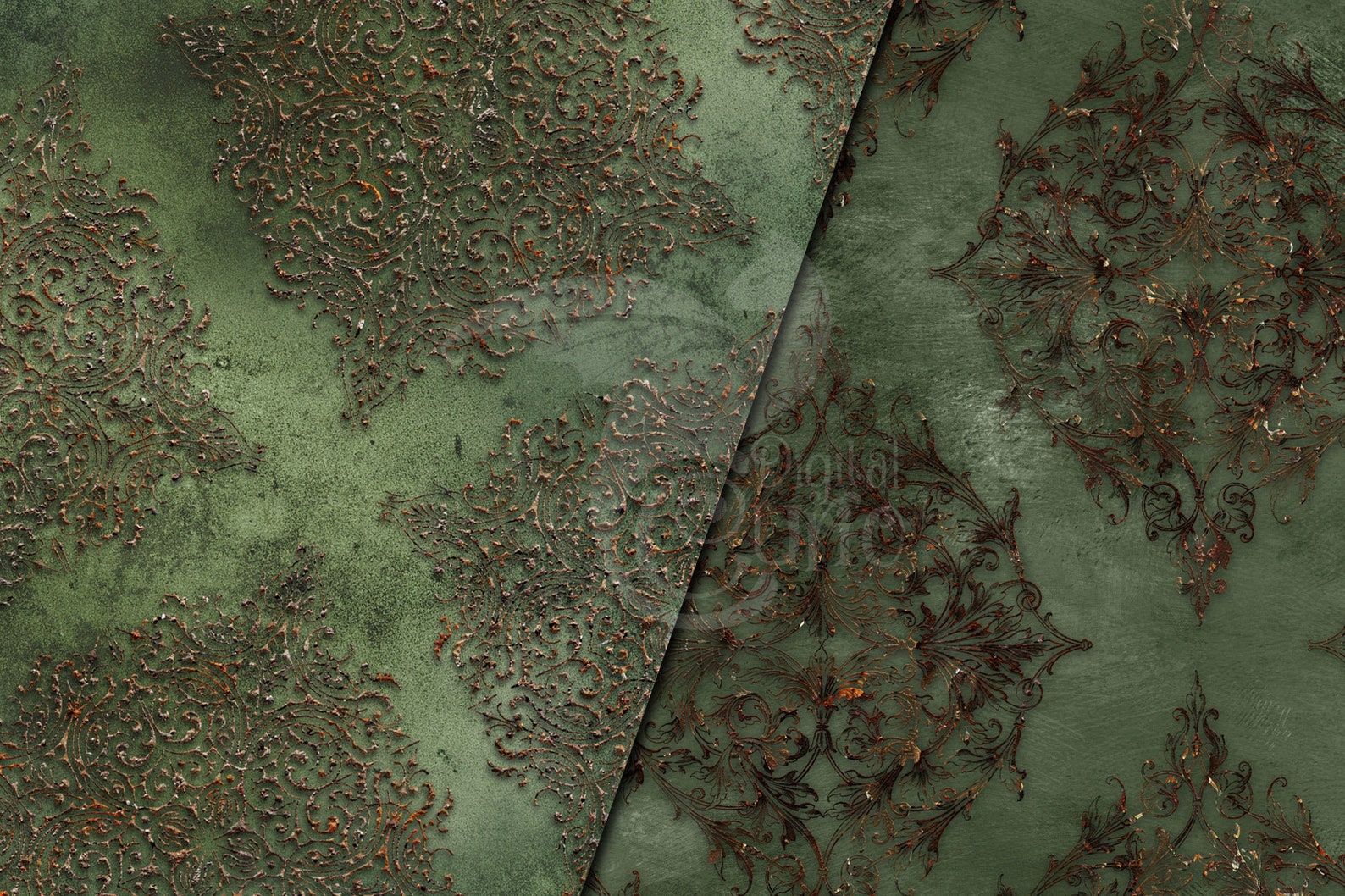 Rust Damask Texture Olive and Rust Damask Digital Paper - Vintage Antique Distressed ...