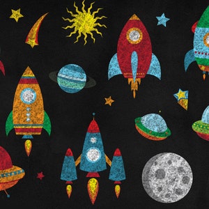 May include: A black chalkboard with a space theme. There are multiple rockets, spaceships, planets, stars, and a moon drawn in chalk. The rockets are in various colours, including red, blue, green, and orange. The spaceships are blue and green. The planets are blue and green. The stars are yellow. The moon is white.