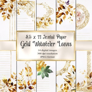 Acuarela hojas de oro diario papel, descarga instantánea de textura de pintura de acuarela de diario basura imprimible de papel digital