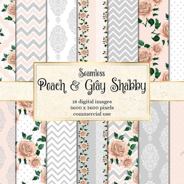 Peach and Gray Shabby Digital Paper, seamless floral patterns rustic flowers peach pink and gray flower patterns printable scrapbook paper