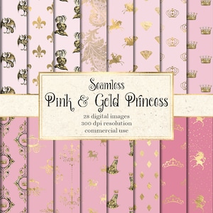 Pink and Gold Princess Digital Paper, seamless pink and gold digital paper printable scrapbook paper backgrounds for commercial use