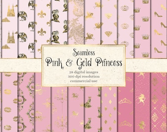 Pink and Gold Princess Digital Paper, Seamless Scrapbook Patterns (Digital Download)