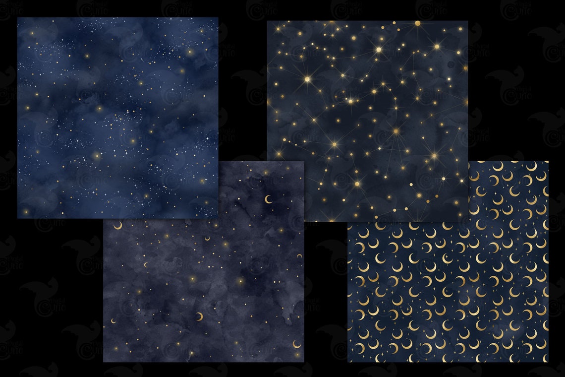 Celestial Starry Night Digital Paper – Navy Blue & Gold (seamless ...