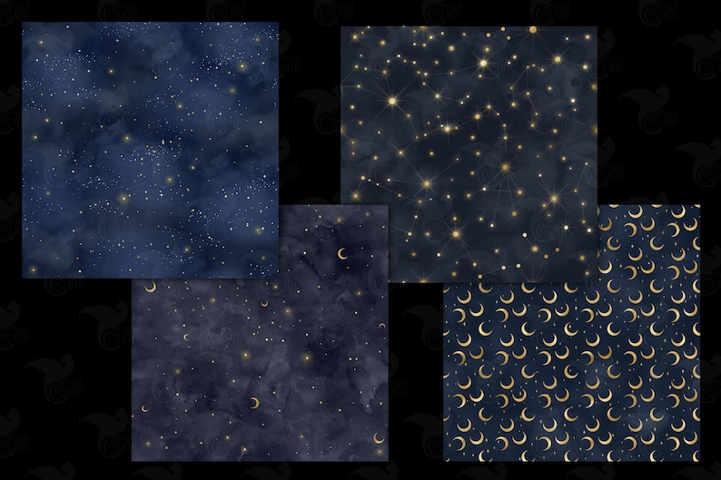 Celestial Starry Night Digital Paper – Navy Blue & Gold (seamless ...