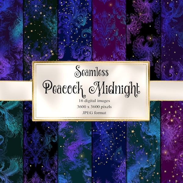 Peacock Midnight Digital Paper, seamless peacock patterns printable scrapbook paper backgrounds instant download