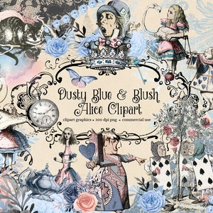 Dusty Blue and Blush Alice's Adventures in Wonderland Clipart, instant download clip art graphics with Mad Hatter and Queen of Hearts