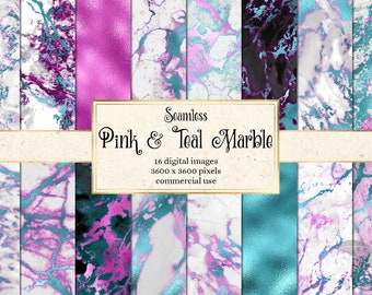 Pink and Teal Marble Textures, Seamless Foil Digital Paper (Digital Download)