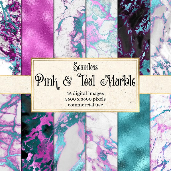 Pink und Petrol Marmor Digital Paper, nahtlose Marmor Texturen mit Folie sofortiger Download für kommerzielle Nutzung