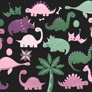 May include: A set of 16 digital illustrations featuring various dinosaurs in pink, purple, and green colors. The dinosaurs are in different poses and include a brachiosaurus, stegosaurus, triceratops, and a pterodactyl.