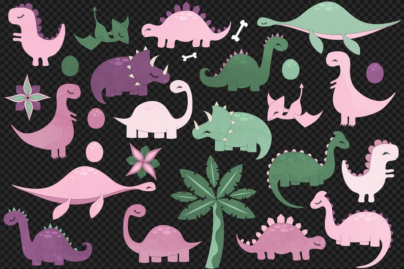 May include: A set of 16 digital illustrations featuring various dinosaurs in pink, purple, and green colors. The dinosaurs are in different poses and include a brachiosaurus, stegosaurus, triceratops, and a pterodactyl.