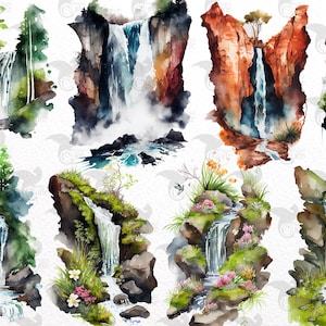 May include: A set of ten watercolor illustrations of waterfalls in various settings. The illustrations feature different sizes and styles of waterfalls, with some surrounded by lush greenery and others by rocky cliffs.