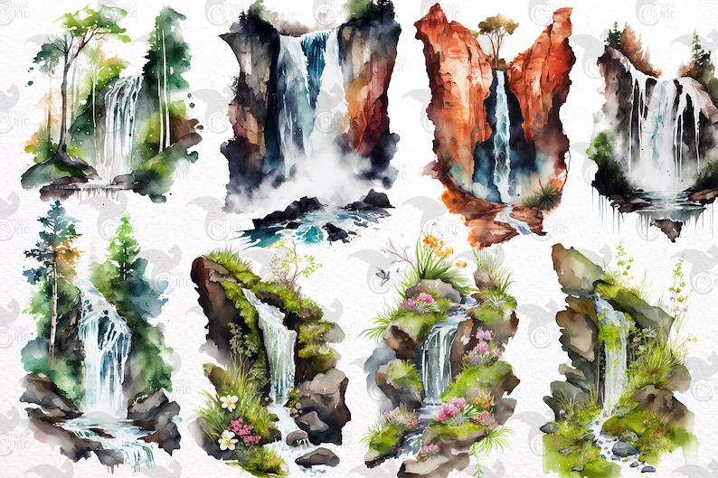 May include: A set of ten watercolor illustrations of waterfalls in various settings. The illustrations feature different sizes and styles of waterfalls, with some surrounded by lush greenery and others by rocky cliffs.