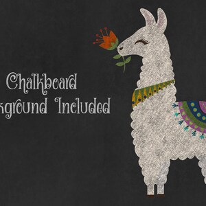 May include: A white llama with a colorful patterned saddle and a flower in its mouth. The background is a black chalkboard with the text "Chalkboard Background Included".