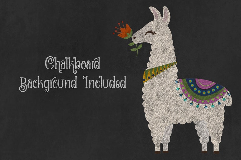 May include: A white llama with a colorful patterned saddle and a flower in its mouth. The background is a black chalkboard with the text "Chalkboard Background Included".