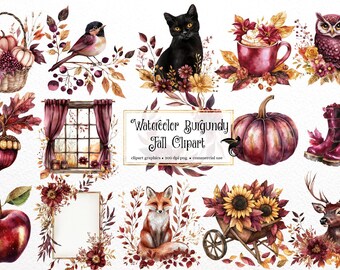 Watercolor Burgundy Fall Clipart - autumn watercolor in PNG format instant download for commercial use