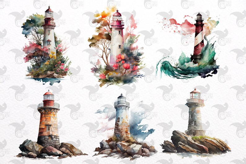 May include: Six watercolor illustrations of lighthouses in different settings. The lighthouses are all white with red roofs and are surrounded by various elements such as trees, rocks, waves, and clouds.