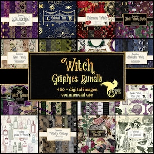 Pacote de gráficos de bruxa, clipart com desconto e papel digital, scrapbooking digital ou fundos da web em papel digital