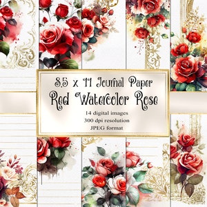 Red Watercolor Rose Digital Paper, afdrukbare junk journal aquarel verf textuur instant download afbeelding 1