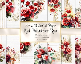 Red Watercolor Rose Digital Paper, printable junk journal watercolor paint texture instant download