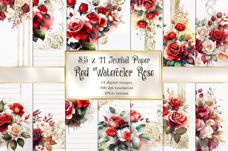 Red Watercolor Rose Digital Paper, afdrukbare junk journal aquarel verf textuur instant download afbeelding 1