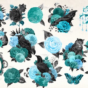 May include: A digital collage of various gothic and spooky elements, including owls, ravens, skulls, roses, and a chandelier. The colors are predominantly black, teal, and blue.