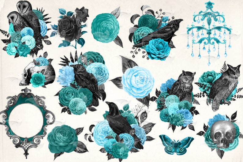 May include: A digital collage of various gothic and spooky elements, including owls, ravens, skulls, roses, and a chandelier. The colors are predominantly black, teal, and blue.