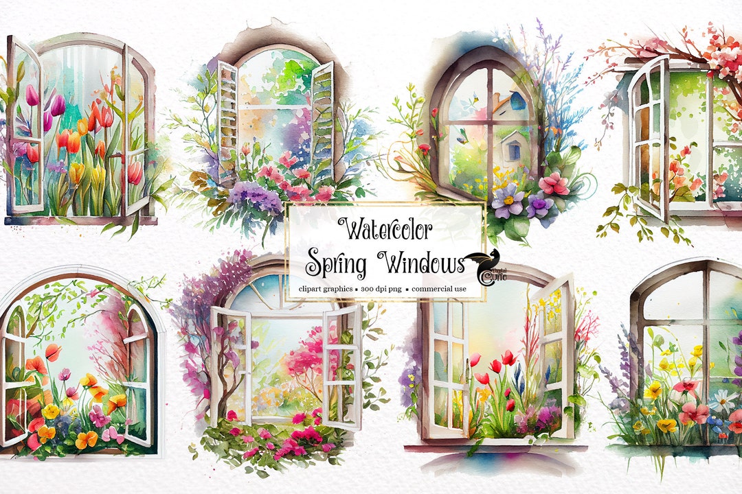 Watercolor Spring Windows Clipart - Flower Windows PNG Format Instant ...