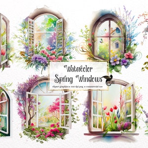 Watercolor Spring Windows Clipart - flower windows PNG format instant download for commercial use
