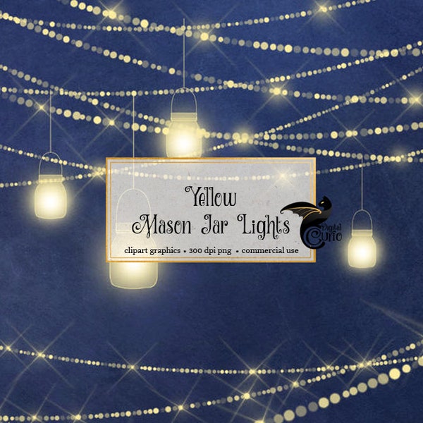 Yellow Mason Jar Lights Clipart, sparkle wedding fairy lights clip art, png mason jar graphics, glowing rustic magic garden digital download