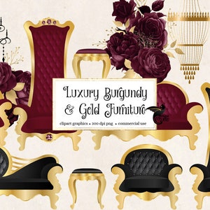 Luxury Burgundy and Gold Furniture Clip Art - graphics in PNG format tufted chairs and chandeliers for commercial use
