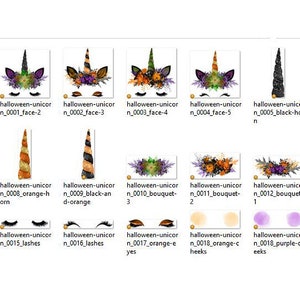 K&ouml;nnte beinhalten: Ein Satz digitaler Cliparts mit einem Halloween-Einhorn mit verschiedenen Elementen, darunter Gesichter, H&ouml;rner, Blumen, Ohren, Wimpern und Augen. Die Bilder sind im Cartoon-Stil mit einem schwarzen, orangefarbenen, violetten und gr&uuml;nen Farbschema gehalten.
