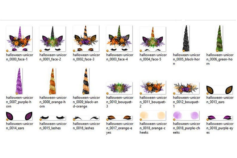 K&ouml;nnte beinhalten: Ein Satz digitaler Cliparts mit einem Halloween-Einhorn mit verschiedenen Elementen, darunter Gesichter, H&ouml;rner, Blumen, Ohren, Wimpern und Augen. Die Bilder sind im Cartoon-Stil mit einem schwarzen, orangefarbenen, violetten und gr&uuml;nen Farbschema gehalten.