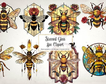 Stained Glass Bee Clipart – Honeybee Graphics (Digital Download)