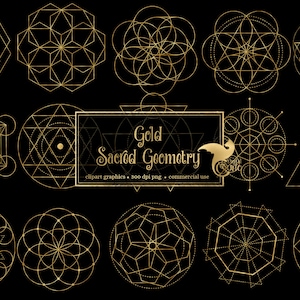 Gold Sacred Geometry Clipart, universe geometric designs in PNG format with gold foil textures instant download commercial use
