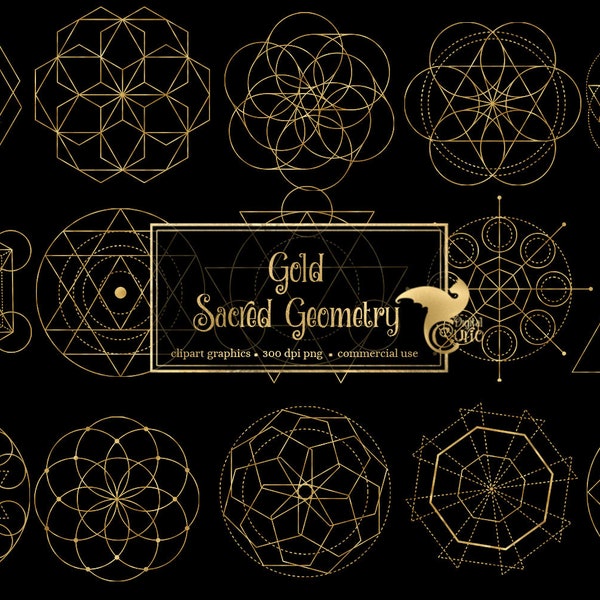 Gold Sacred Geometry Clipart, universe geometric designs in PNG format with gold foil textures instant download commercial use